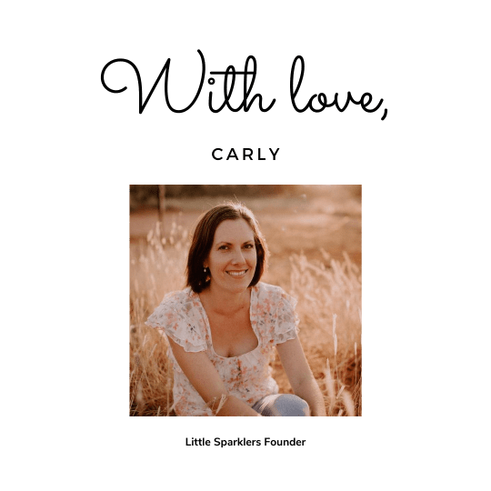 text: with love, Carly image of a darkhaired fair skinned woman in a pink shirt sitting in the grass. Text: Little Sparklers founder